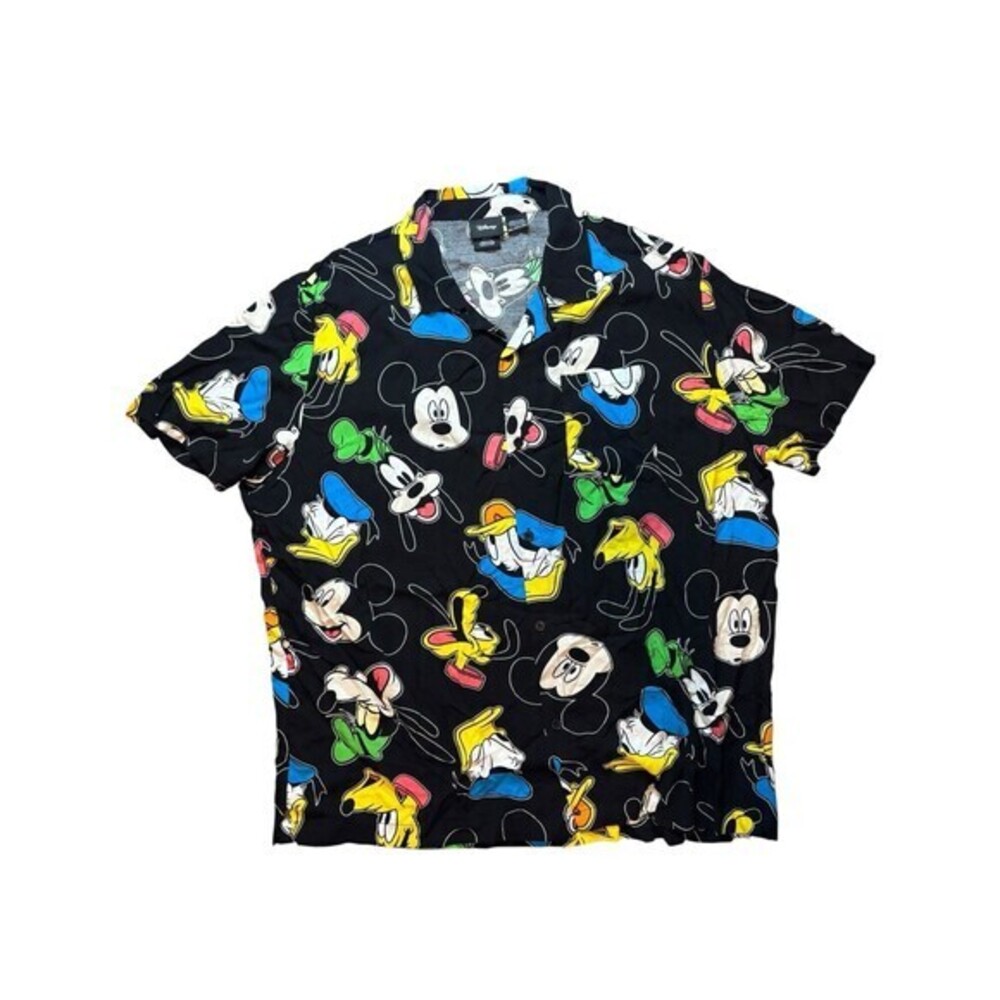 Disney Shirt Mens 3XL Black Mickey Mouse Pluto Hawaiian Button Camp Stretch XXXL